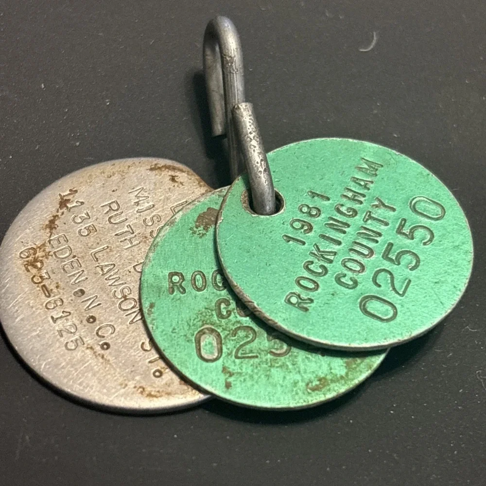 Vintage Dog Tags Lot of 5 AKC Rabies Vaccination Pet ID Eden NC Milk Bone